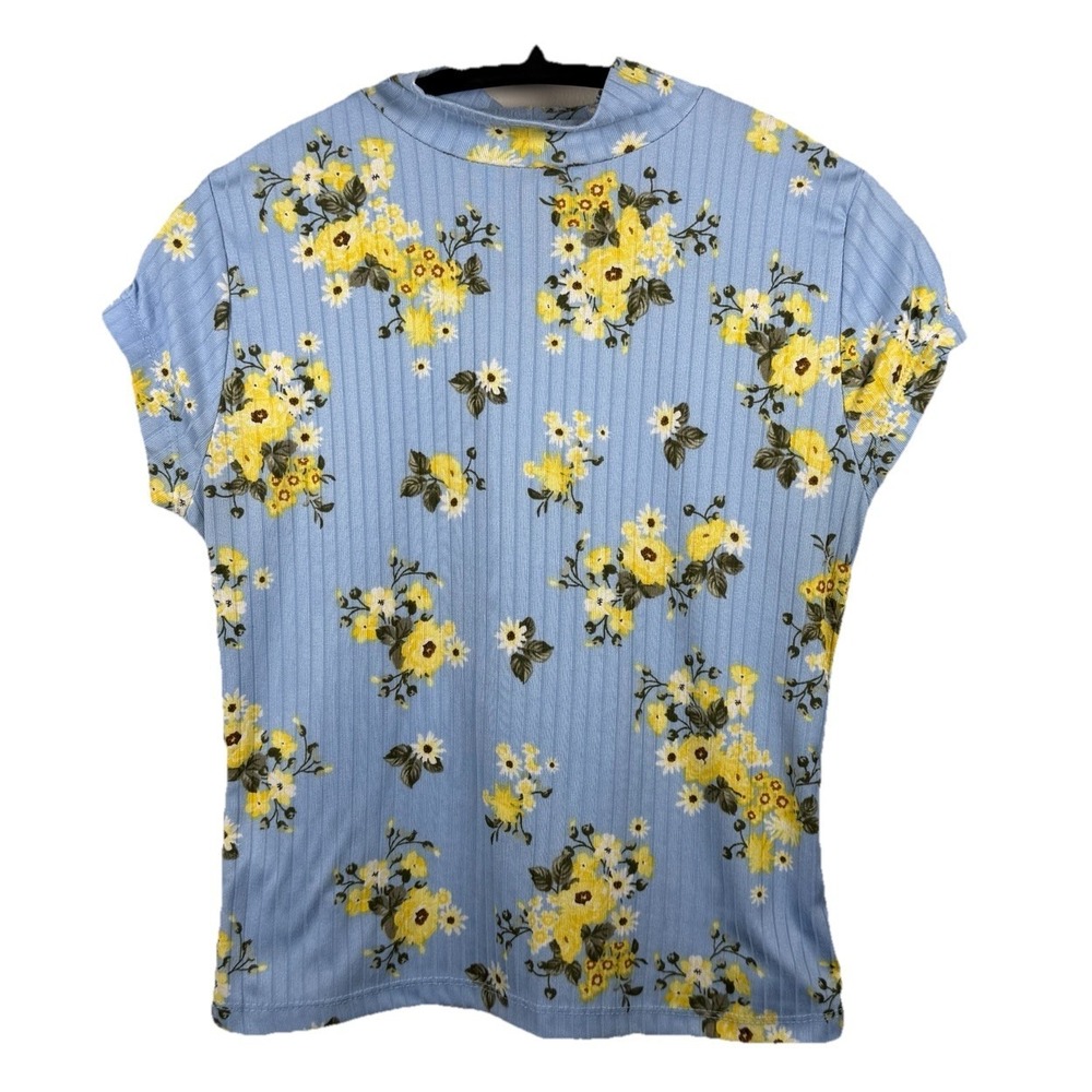 Rue 21 Y2K Top M Blue Ribbed Floral Baby Tee Crew Neck Fitted Retro 90s Casual - Picture 1 of 8
